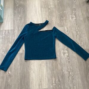 Shein Teal Glitter Cut Out Long Sleeve Crop Top